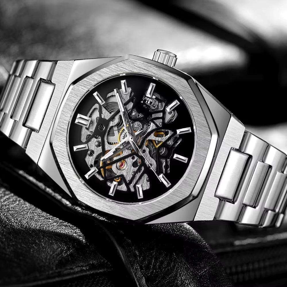 Fashion Automatic Mens Watches Top Brand Mechanical Transparent Waterproof Military Stainless Steel Sport Wristwatches